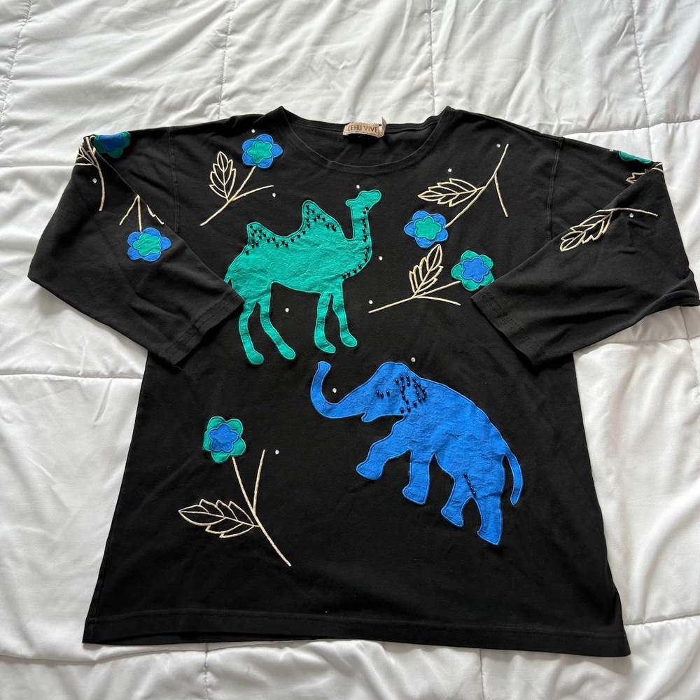 Vintage 80s L'Eau Vive Black Cotton Silk Top Elephant Camel Beaded Embroidered L